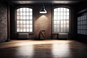 An empty room with a large loft-style window. Illustration photo