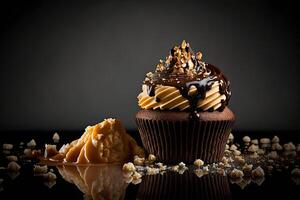 Chocolate caramel cupcake with nuts and butterscotch. Illustration photo