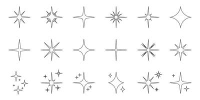 Sparkle Star Line Icon Set. Glow Spark Flash Stars Black Outline Collection. Shine Burst Magic Decoration Symbol. Glistering Effect Light. Twinkle Flare. Isolated Vector Illustration.