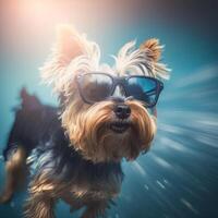 Yorkshire Terrier in sun goggles surf on blue water. Illustration photo