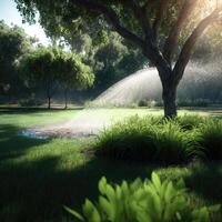 Sprinkler in Park Spraying Water on Lush Green Grass. Illustration photo