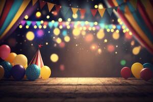 festivo fiesta con globos, etapa y guirnaldas ilustración ai generativo foto