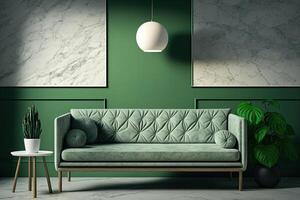 Green wall background minimalist sofa marble pattern wood. Illustration photo