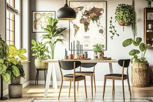 Stylish and botany interior of dining room with design. Illustration AI Generative photo