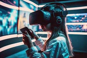 vr deporte juego virtual realidad recreación adolescente jugar. ilustración ai generativo foto
