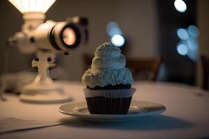 Frosted cupcake on a cafe table. Illustration photo