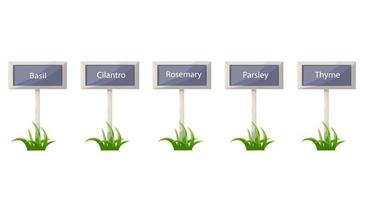 Set signboards with text and green grass. Boards from wood planks on lawn or field. For farm, garden, country or rural scene isolated on white background. Vector illustration