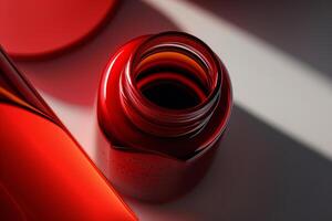 top view of a bottle of red nail polish varnish flows. Illustration photo