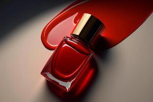 top view of a bottle of red nail polish varnish flows. Illustration photo