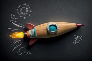 education and innovation concept. Rocket made of wood. Illustration photo