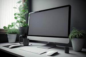 Mockup desktop computer display blank screen on desk. Illustration photo