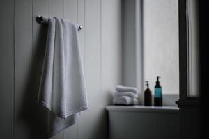 lavandería blanco toalla en baño. ilustración ai generativo foto