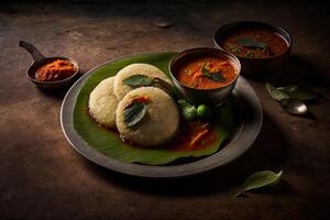 Idli sambar or Idli with sambhar and green red chutney Illustration photo