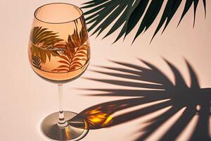 White wine glass peach color glass on beige background. Illustration photo