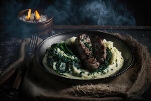 Grilled sausages with mashed potatoes. Illustration photo