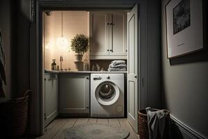 Interior of bathroom with modern washing machine. Illustration AI Generative photo
