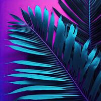 A large fresh palm leaf on a duotone purple-violet-blue. Illustration photo