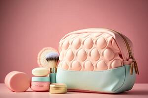 Pink make-up bag with cosmetic products. Illustration photo