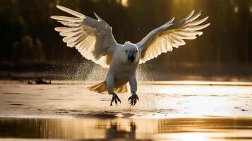 Wild white cockatoo parrot bird fly low to the surface of the water ready to catch fish. photo