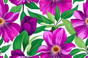 Abstract magenta or purple natural flower, floral, and leaves seamless pattern background. Flower and leaf clip illustration watercolor texture wallpaper. photo