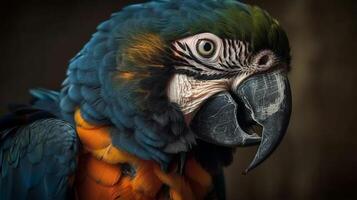 Close up shot of beautiful blue yellow Macaw parrot bird head. photo