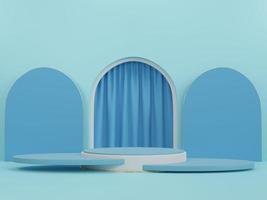 blue cylinder pedestal podium with arch shape backdrop and blue curtain. abstract pastel blue color. 3d rendering photo