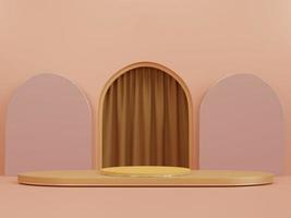 orenge cylinder pedestal podium with arch shape backdrop and brown curtain. abstract pastel orenge color. 3d rendering photo