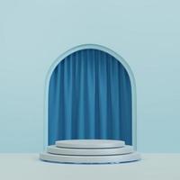 grey cylinder pedestal podium with arch shape backdrop and blue curtain. abstract pastel blue color. 3d rendering photo