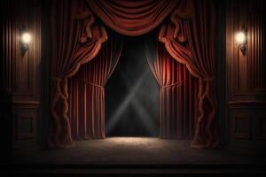 Magic theater stage red curtains Show Spotlight. Illustration photo