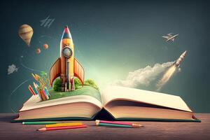 libros y lapices con cohete bosquejo. ilustración ai generativo foto