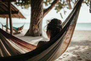 Woman relax in hammock on summer beach. Illustration photo