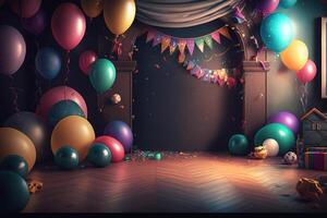 festivo fiesta con globos, etapa y guirnaldas ilustración ai generativo foto