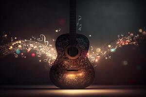 Festive background with guitar and musical notes. Illustration photo