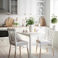 Scandinavian classic white kitchen with wooden details. Illustration photo