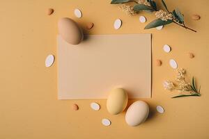 Happy Easter concept. Beige background with eggs. Illustration photo