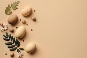 Happy Easter concept. Beige background with eggs. Illustration photo