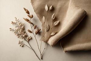 Dry plant on linen fabric background. Illustration photo