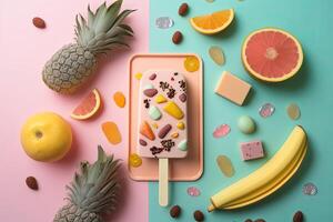 Fruit popsicle with ingredients over pink tile background. Illustration photo