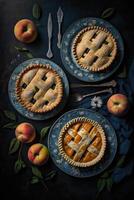 Apple and peach pies on plates documentary photography. Illustration photo