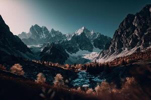 alto montañas en el Mañana. hermosa natural paisaje. ilustración ai generativo foto