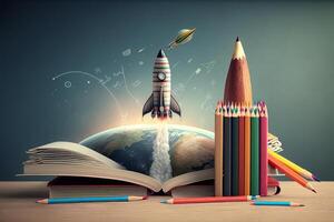 Books And Pencils With Rocket Sketch. Illustration photo