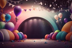 Festive party with balloons, stage and garlands. Illustration photo