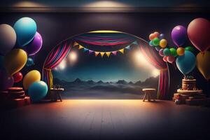 Festive party with balloons, stage and garlands. Illustration photo