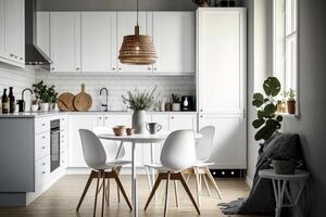 Scandinavian classic white kitchen with wooden details. Illustration AI Generative photo