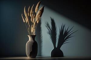 Dry pampas grass reed in a stylish vase. Shadows on the background. Illustration photo