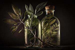 Two olive branches in glass bottles. Illustration photo