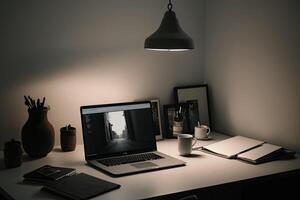 creativo y minimalista hogar oficina escritorio. sencillo espacio de trabajo ilustración ai generativo foto