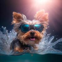 Yorkshire Terrier in sun goggles surf on blue water. Illustration photo