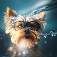 Yorkshire Terrier in sun goggles surf on blue water. Illustration photo