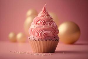 cumpleaños magdalena en rosado. ilustración ai generativo foto